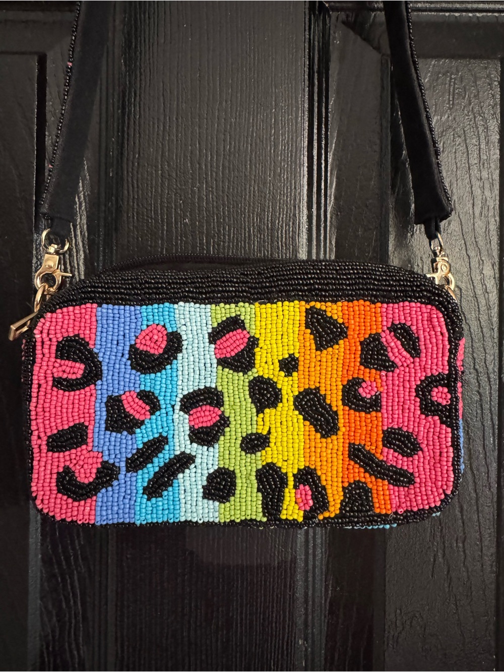 Cache Rainbow Leopard Beaded Shoulder Bag - Pink Blue Green Yellow Orange Black